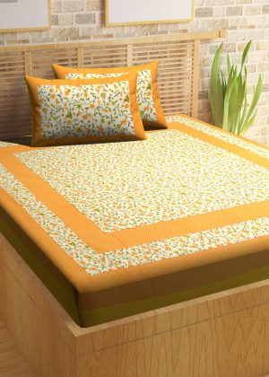 Sanganeri print cotton double bedsheet with 2 pillow covers