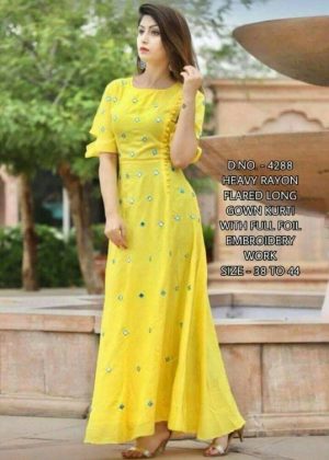 Rayon fabric kurti with mirror work yellow
