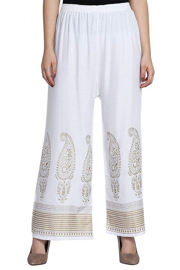 Gforgirl.in : Rayon Gold Print White Palazzo Pant | G creation palazzo pant